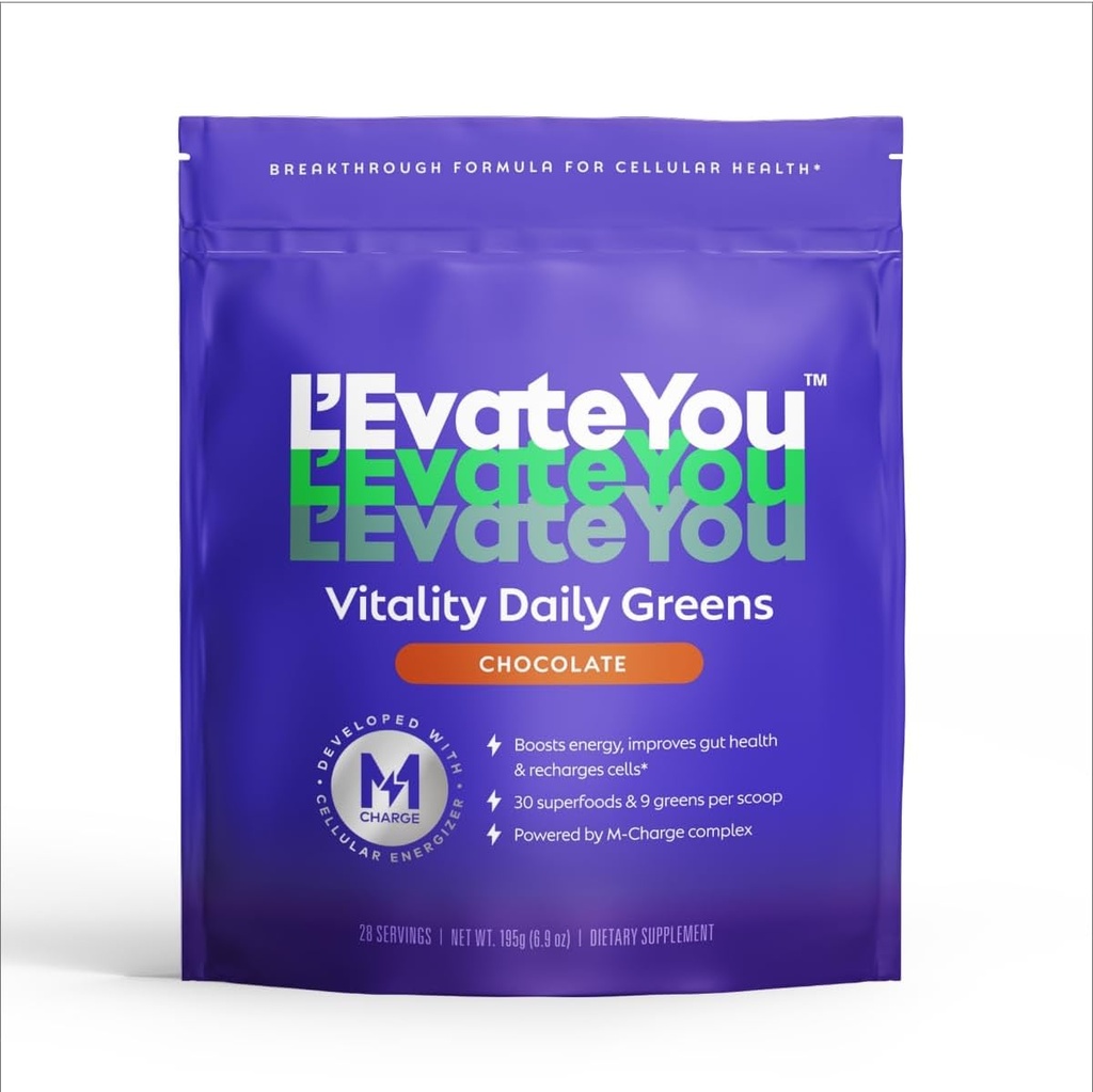 L'Evate You Vitality Daily Greens Powder (28 Servings) 30 Superfoods, 9 Greens - para un Boost Cellular Energy, Powered by M-Charge Complex for All Day Energy (Chocolate)