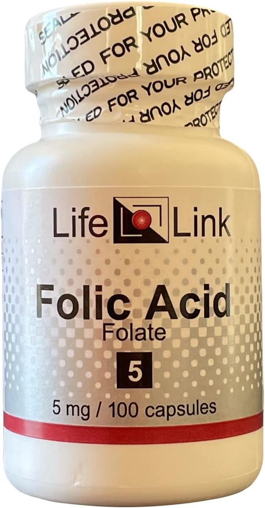 LifeLink Folic Acid Silencioso 5 mg x 100 cápsulas ← Salud prenatal, Vitamina B Esencial Silenciosa Gluten Gratis &amp; No-GMO Silencioso Hecho en EE.UU.