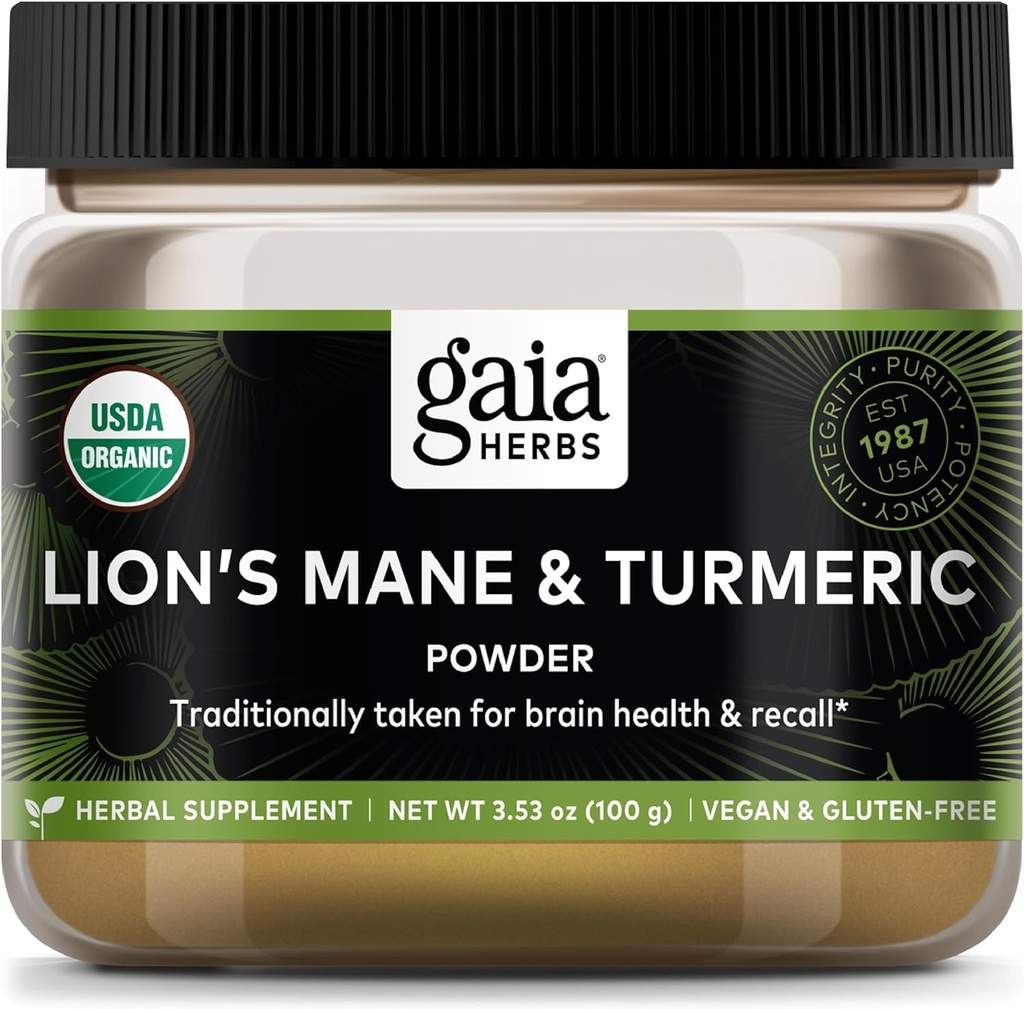 Gaia Herbs Lion's Mane & Turmeric Powder - Herbal Mushroom Suplemento Polvo para ayudar a mantener la salud cerebral y el recuerdo - USDA Certified Organic-3.53 Oz (hasta 45-Day Supply)