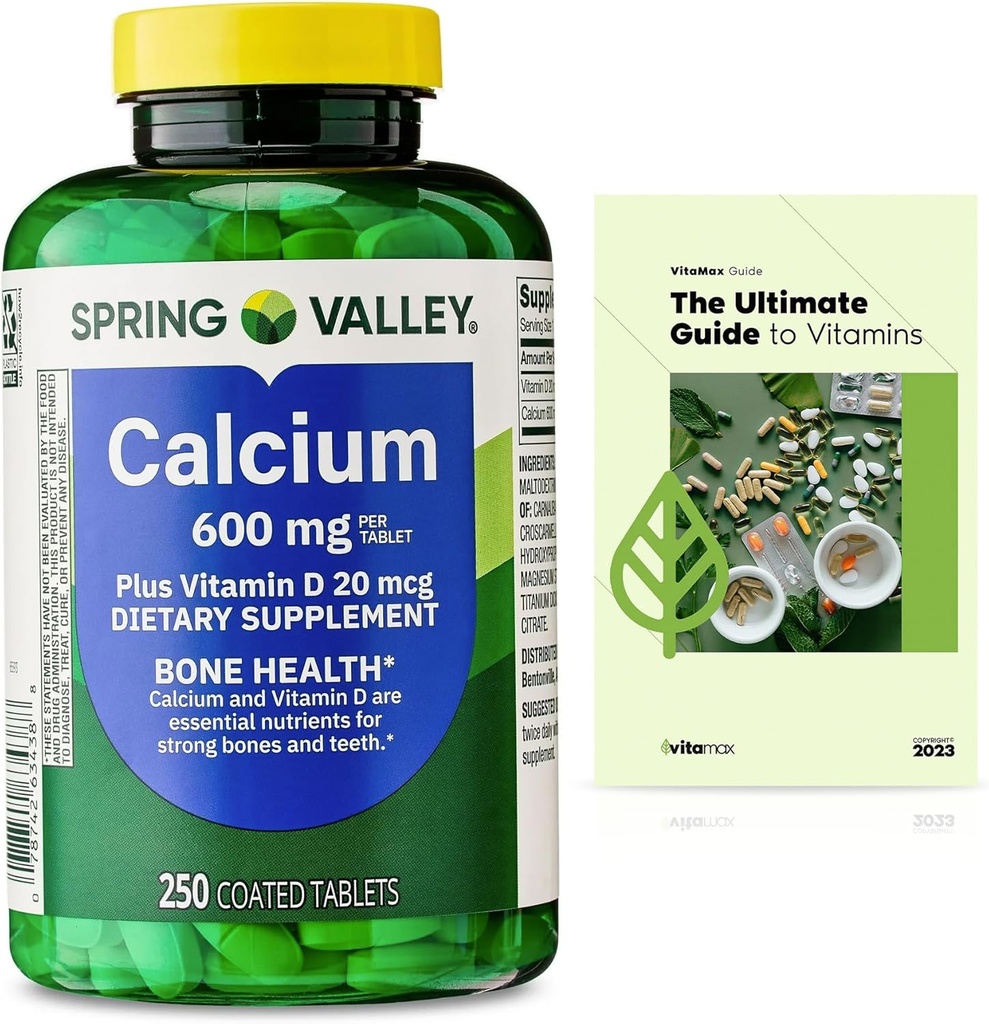 Spring Valley Calcio Plus Vitamina D Tablas Suplemento dietético, Bone Health, VIT D 20 mcg, 600 mg, 250 Cuenta + Exclusiva VitaMax Vitamina (2 ítems)
