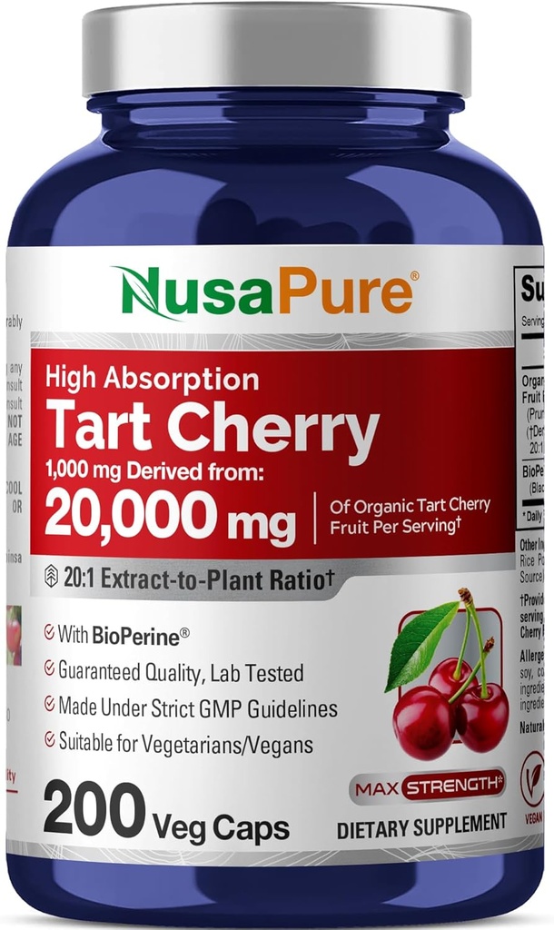 NusaPure Cereza de Tarta Orgánica 20:1 Extracto, 1000 mg Equivalente a 20,000 mg 200 Cápsulas Veggie (Vegan, no GMO) Bioperina