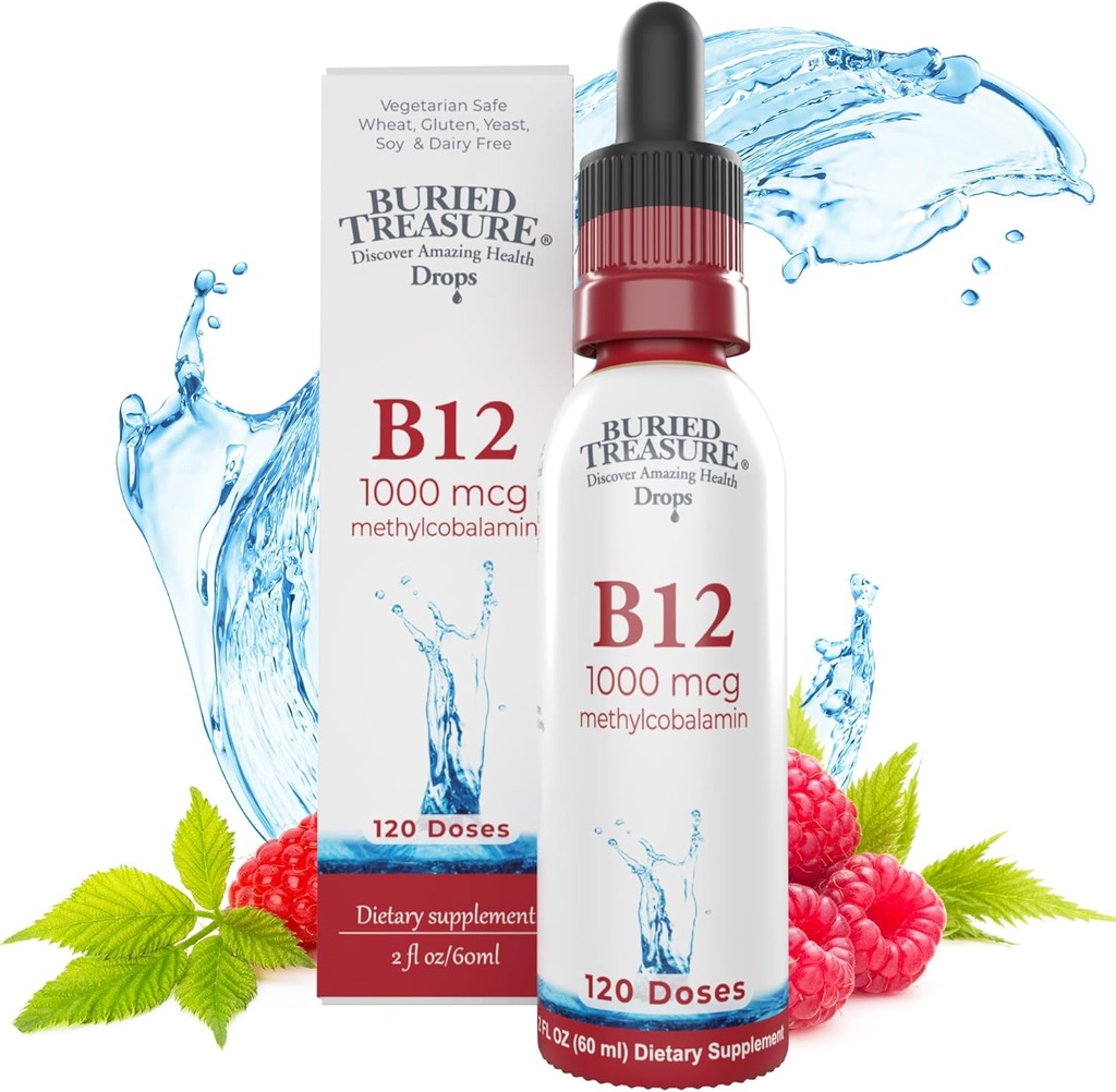 Tesoro enterrado B12 gotas - 1000mcg Vitamina B12 Metilcobalamina por Serving, 120 Servings - Sublingual B12, Sin alcohol, Vegan, Sabor de Fresa, 2 oz Botella, Dosis precisa de gotero graduado