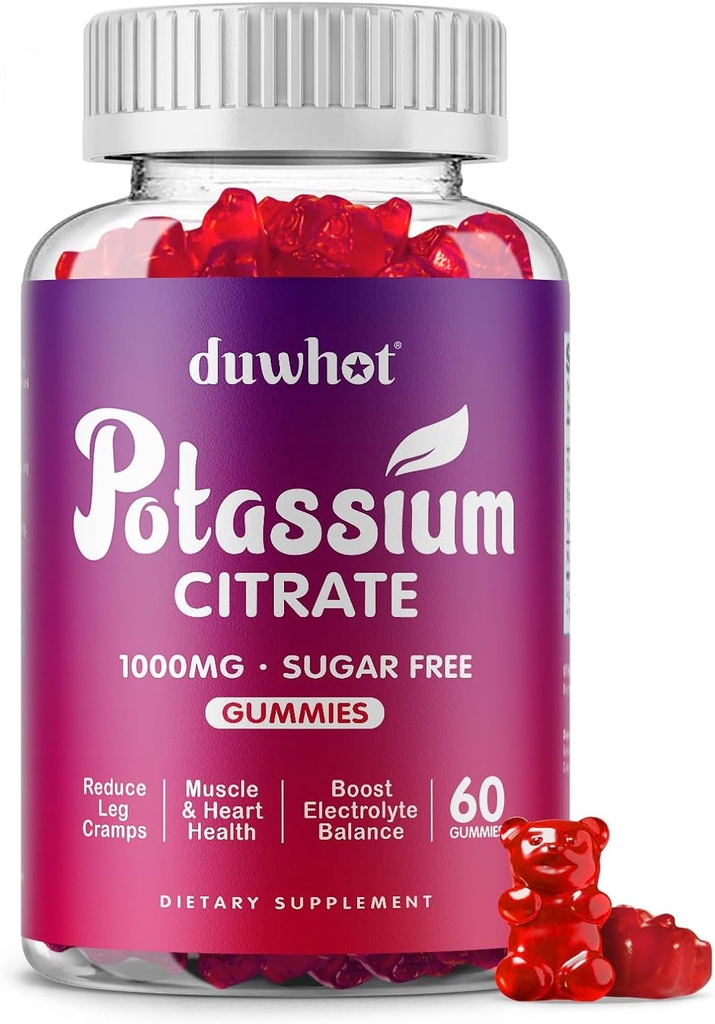 Citrato de potasio 1000mg Gummies, Suplemento de Potasio para Adultos Mujeres &amp; Hombres, Apoyo Leg Cramps &amp; Muscle Health, 60 Chewables