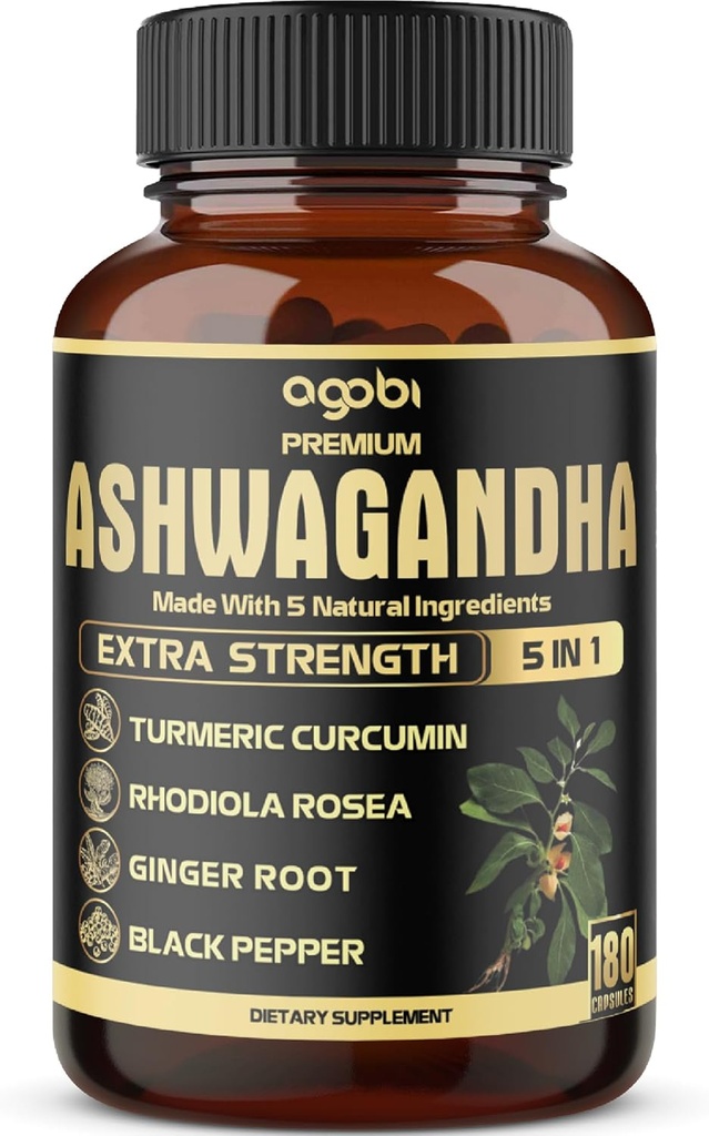 5in1 cápsulas de Ashwagandha Premium - Añadido Turmeric, Rhodiola Rosea, Ginger, Black Pepper - 180 caps para 6 meses