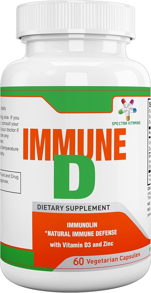Espectra Vitaminas Immune D Support Suplemento dietético con Inmunolina, Vitamina D3, Zinc, Acid Ellagic promueve un sistema inmunitario fuerte para todas las estaciones, 60 cápsulas.