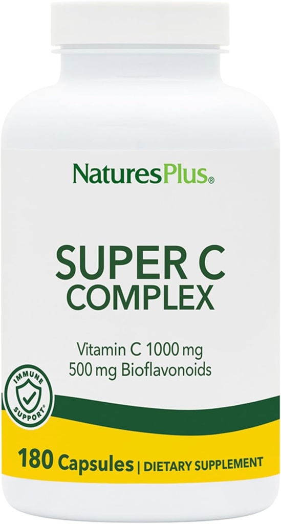 NaturesPlus Super C Complex - 180 Capsules - 1000mg Vitamina C + 500mg Bioflavonoids - Vegan, Gluten Gratis - 90 Servings
