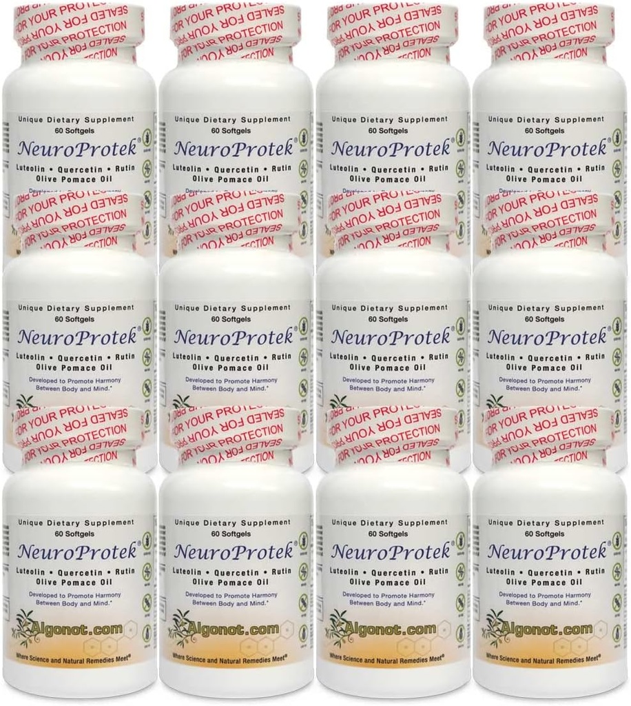 Algonot NeuroProtek 12 Pack: Los únicos productos de luteolina liposomal que usan aceite de aceite de oliva. Combinación de Luteolina, quercetina " Rutina en aceite de oliva de arroz (Azcla de precio reducido)