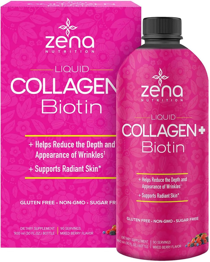 Zena Liquid Collagen + Biotin: 2500mg Collagen, 5000mcg Biotin, Verisol Fórmula Silencioso, Skin, Nail &amp; Joint Support ← Non-GMO, Mixed Berry Flavor TEN 90 Servings
