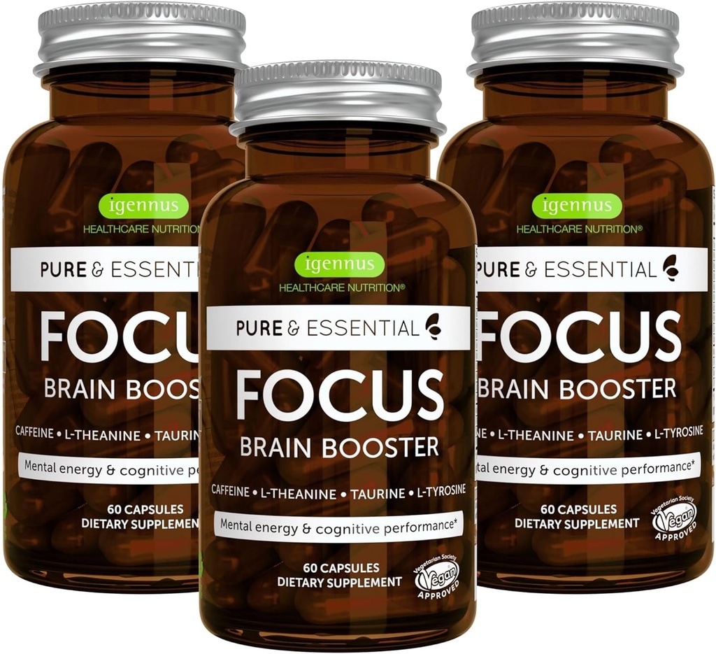 Igennus Focus - Nootropic with 200mg Natural Caffeine, Methylated B Vitamins, L-Theanine, Taurine, L-Tyrosine, Clean Energy, Brain Booster " Cognitive Performance, Non Jittery, 180 Capsules