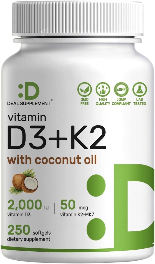 SUPLEMENTO DEAL Vitamina D3 2,000 UI + K2 MK7 50mcg Softgels TENIDO Complejo 2-en-1 con aceite de coco virgen ANTE soporta el corazón, el hueso, el tejido &amp; la salud inmunitaria