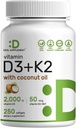DEAL SUPPLEMENT Vitamin D3 2,000 IU + K2 MK7 50mcg Softgels | 2-in-1 Complex with Virgin Coconut Oil | Supports Heart, Bone, Teeth & Immune Health | Easy to Swallow
