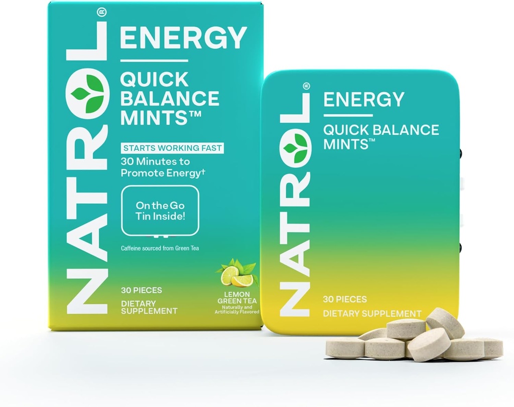 Natrol Quick Balance Energy Mints, Energy Supplement, 30 Lemon Green Tea Naturally and Artificially Flavored, 30 Count, 15 Day Supply