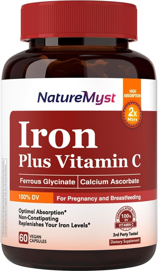 Suplemento suave de hierro para mujeres hombres, 27 mg de hierro Bisglycinate Plus 120 mg de vitamina C, estómago amigable, absorción óptima " píldoras de hierro no exigentes, sin gluten, no transgénico, 60 caps