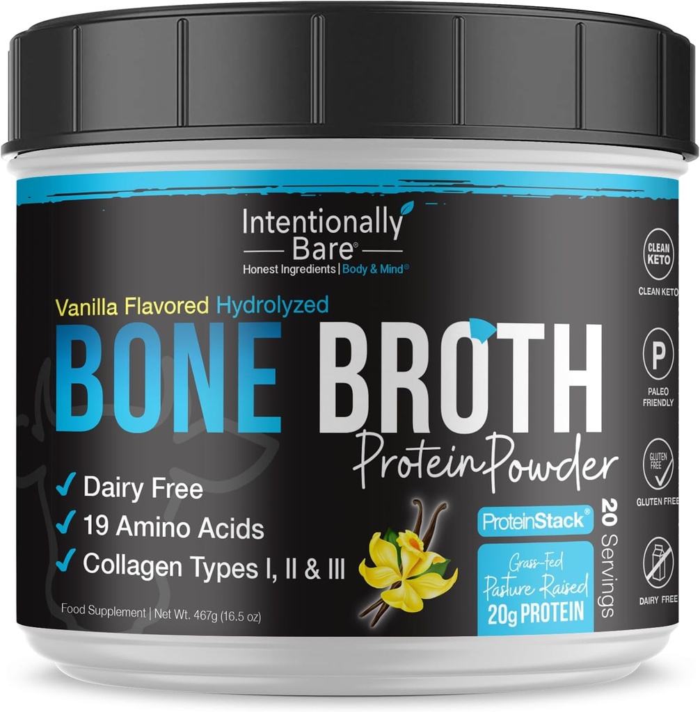Intencionally Bare Bone Broth Protein Powder Vanilla - Grass Fed Protein Powder with Multi Collagen Peptides Tipo 1 2 y 3 - Dairy Free Bone Broth Powder for Skin, Gut and Joint - 20 Servings