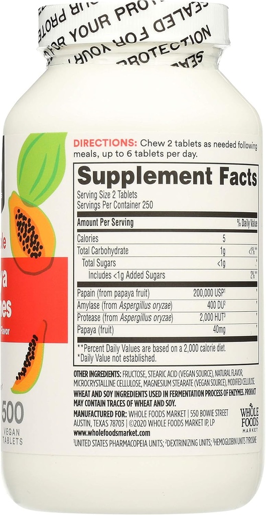 365 por Whole Foods Market, Papaya Enzymes, 500 Chews (Pack of 2)