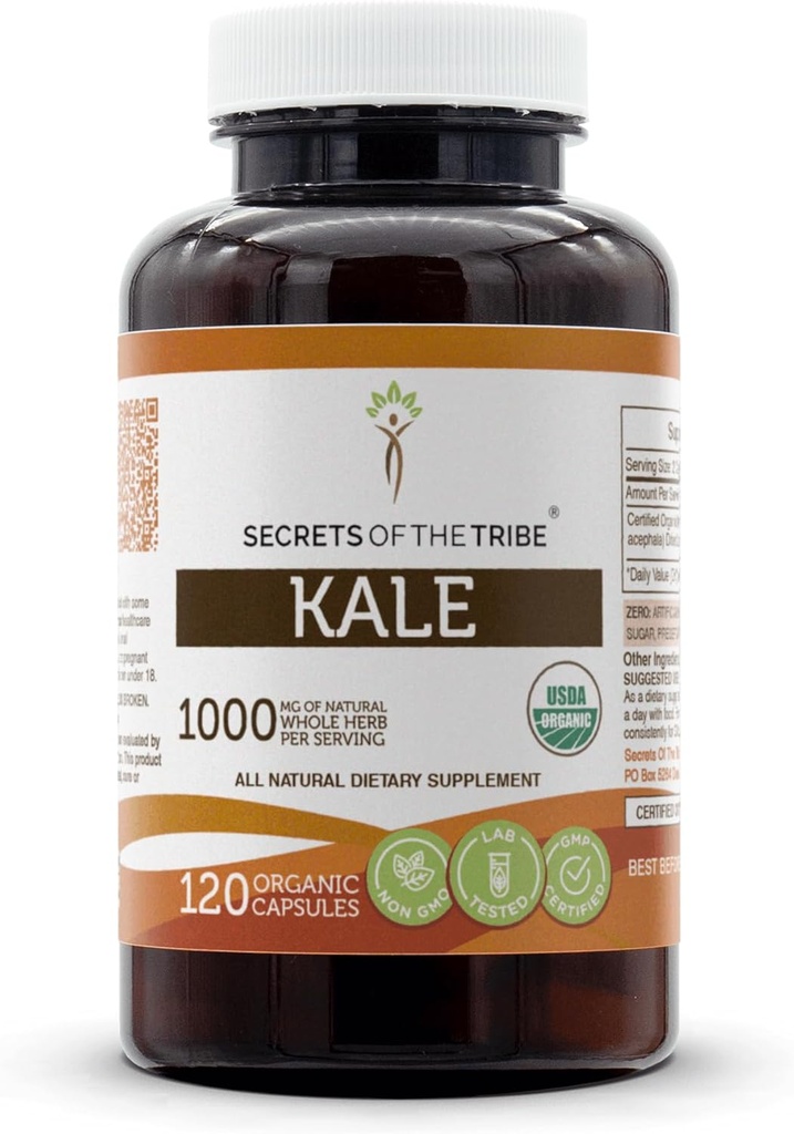 Secrets of the Tribe Kale USDA Organic Capsules ← Certified Organic Vegetarian Capsules, Herbal Dietary Supplement tención Brassica oleracea VAR. Acephala Dried Leaf (120 Conde)