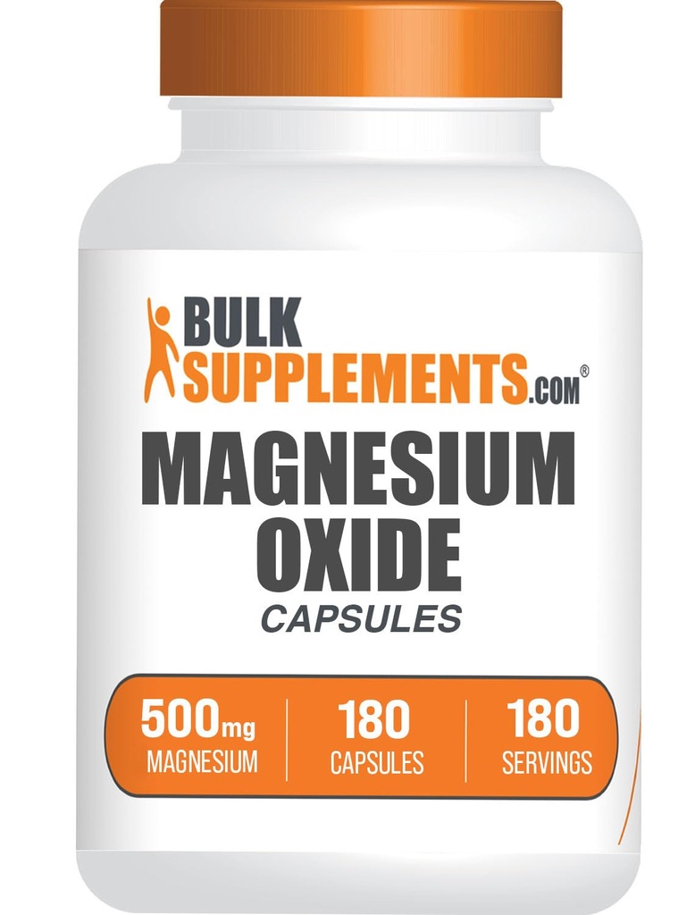 BulkSupplements.com Magnesium Oxide Capsules - Magnesium Supplement, Magnesium Oxide 500mg - Gluten Free, 1 Cápsula por Serving, 180 Conde (Pack of 1)