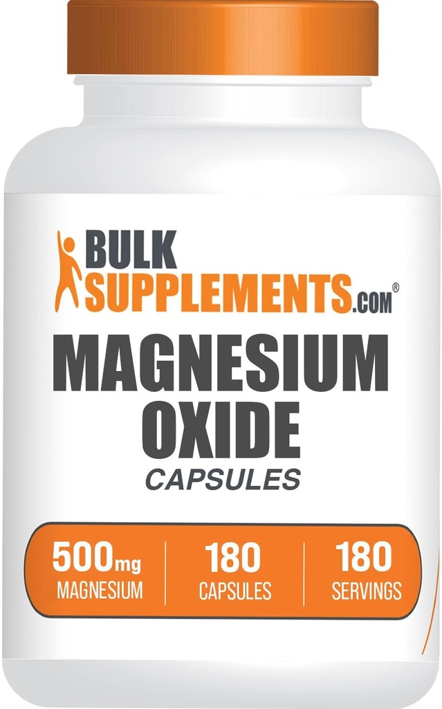 BulkSupplements.com Magnesium Oxide Capsules - Magnesium Supplement, Magnesium Oxide 500mg - Gluten Free, 1 Cápsula por Serving, 180 Conde (Pack of 1)