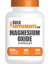 BulkSupplements.com Magnesium Oxide Capsules - Magnesium Supplement, Magnesium Oxide 500mg - Gluten Free, 1 Cápsula por Serving, 180 Conde (Pack of 1)