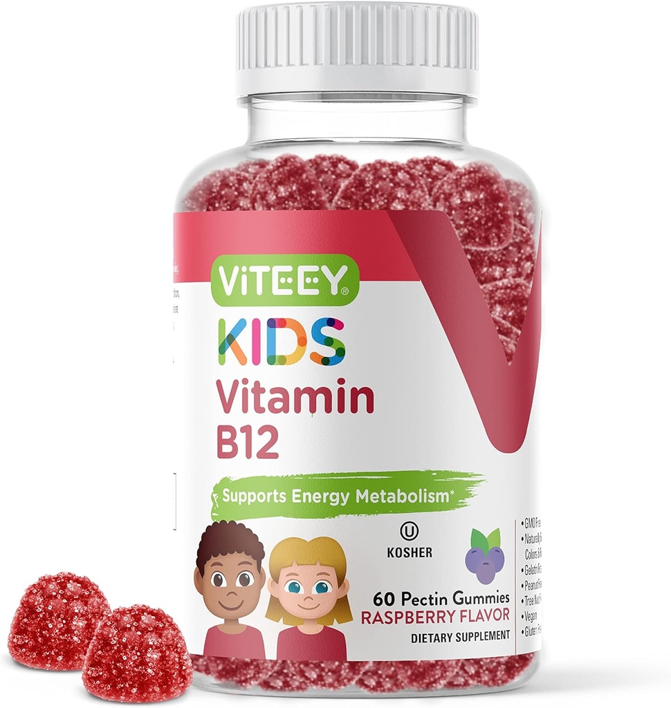 Viteey Vitamina B12 para Gummies Infantiles, 1000mcg - Metabolismo, Energía Natural - Vegan, Gelatin Gratis, Gluten Gratis, GMO Gratis - Tasty Chewable B12 Raspberry Flavored Gummy