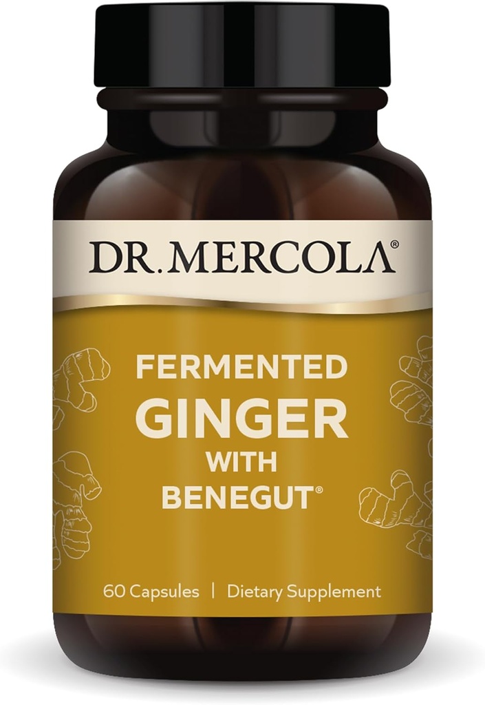 Dr. Mercola Fermented Ginger con Benegut - Asistencia Digestive & Gut Health - Ayudas Occasional Gas, Bloating & Discomfort - Non-GMO, Gluten-Free &amp; Soy-Free - 60 cápsulas (60 piezas)