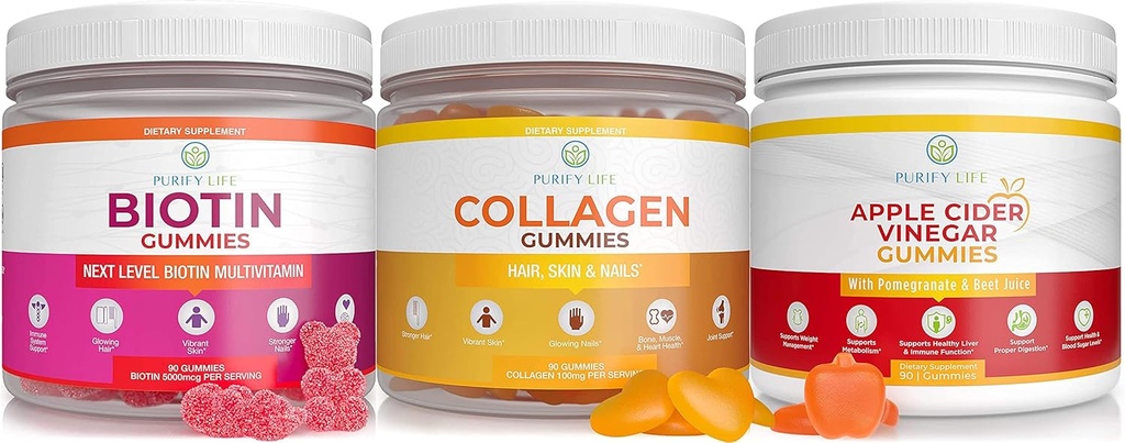 Purify Life Apple Cider Vinegar, Collagen & Biotin Bundle, Gut Health & Digestion, Gummies for Hair Growth, Healthier Skin & Nails, Vegan, Gluten Free, Non-GMO Todos los Suplementos Naturales