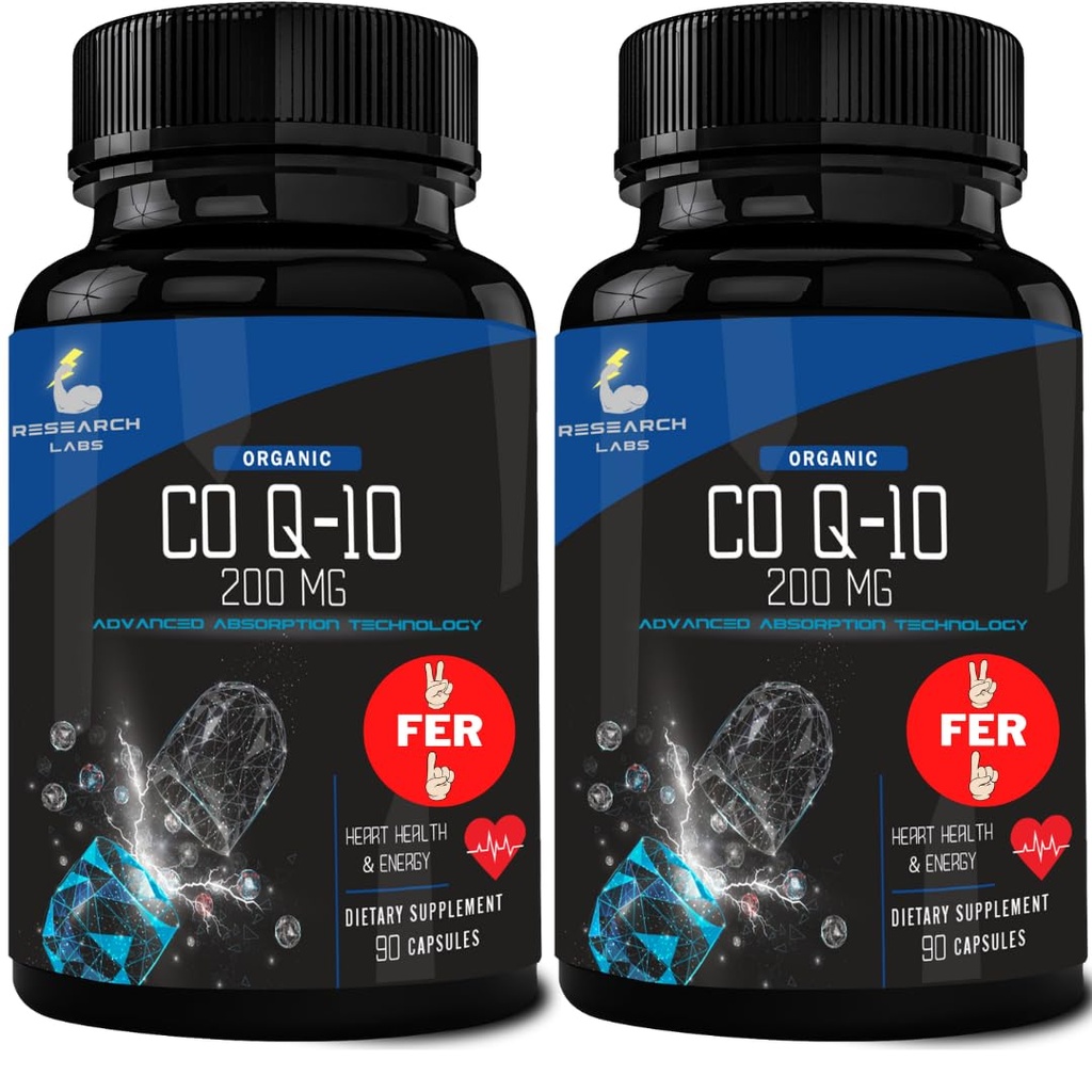 Laboratorios de investigación 180 Softgels Absorción avanzada 200mg CoQ10 w/Extracto de cobre negro. 2 para 1 Ad. Orgánica, Gluten Gratis, Heart Health Support, Energy Production, Antioxidant Supplement