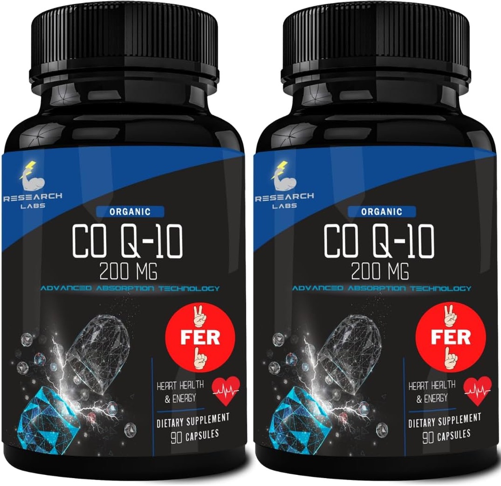 Laboratorios de investigación 180 Softgels Absorción avanzada 200mg CoQ10 w/Extracto de cobre negro. 2 para 1 Ad. Orgánica, Gluten Gratis, Heart Health Support, Energy Production, Antioxidant Supplement