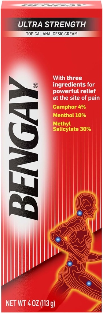 Bengay Ultra Strength Topical Pain Relief Cream, Non-Greasy Topical Analgesic for Minor Arthritis, Muscle, Joint and Back Pain, Camphor, Menthol and Methyl Salicylate, 4 OZ
