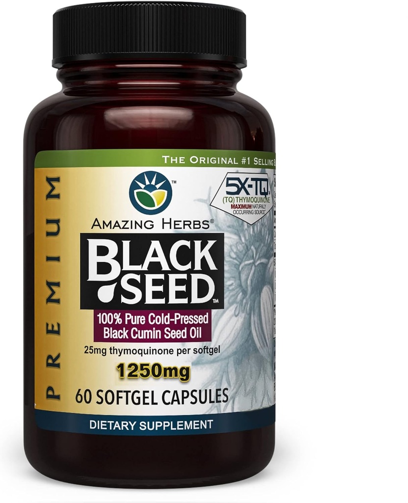 Increíble Herbs Premium Black Seed Oil Capsules - High Potency, Cold Presionado Nigella Sativa Ayudas en Salud Digestiva, Apoyo Inmune &amp; Función cerebral - 60 Conde, 1250mg