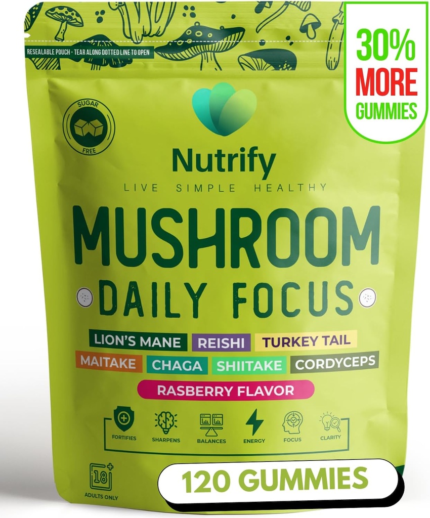 Nutrify 120 Mushroom Gummies Immune Support " Brain Performance Resilience " Memory Boost with Reishi, Cordyceps, Turkey Tail, Maitake, Shiitake " Chaga Delicious Raspberry Flavor Vegan " Sugar Free