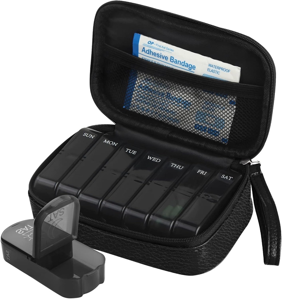 PU semanal Pill Bag Organizador Caso 2 veces al día, AM Caja diaria de píldoras para mantener la vitamina, aceite de pescado, suplementos y medicina (negro)