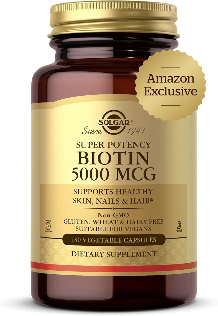 Solgar Biotin 5000 mcg - Soporta la piel sana, las uñas " el cabello - Apoya la producción energética " Metabolismo - Vitamina B - No GMO, Vegan, Gluten Gratis - 180 Cuenta