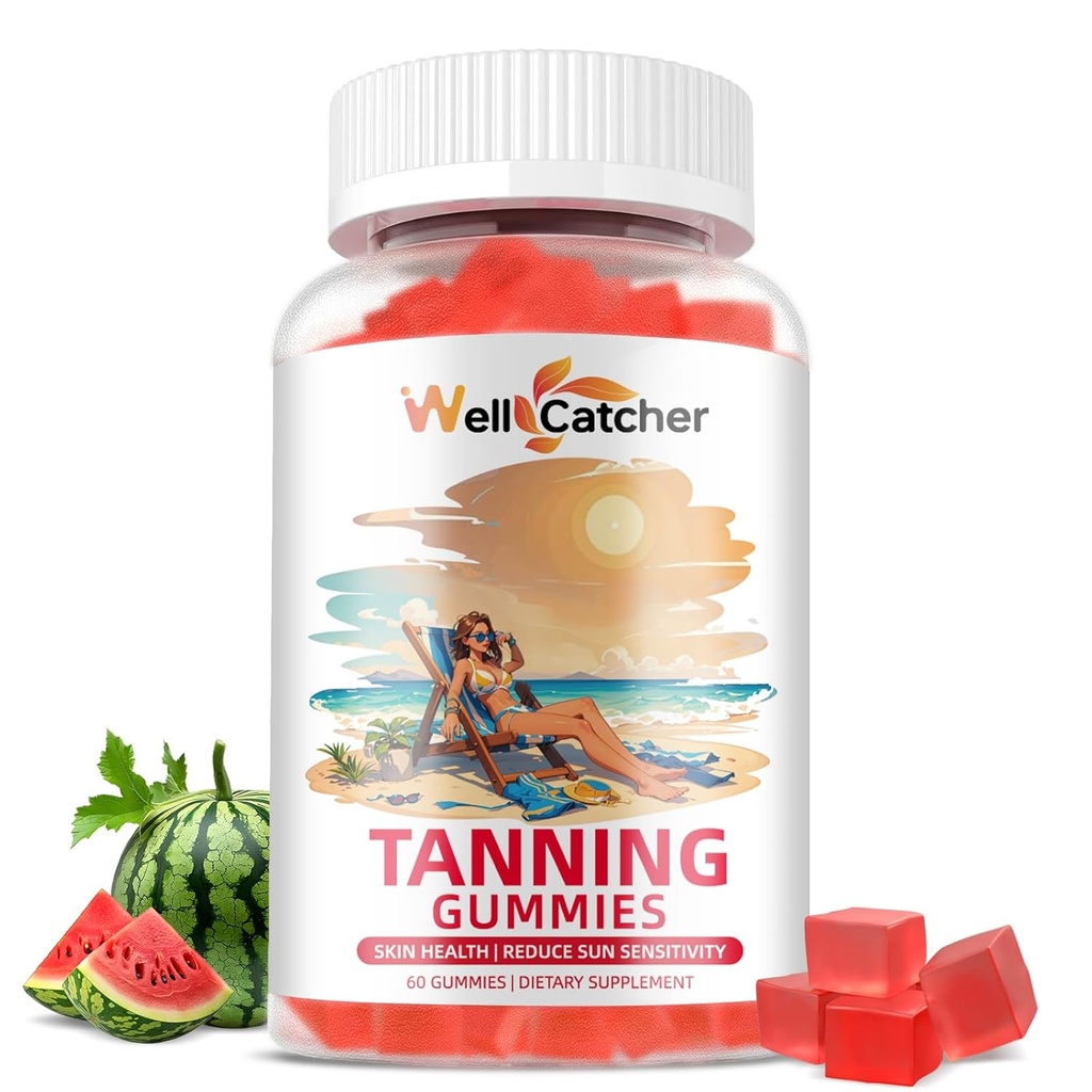 Tanning Gummies Suplemento Hombre Mujeres - Daily Tanning Gummies Sugar Gratis con Astaxanthin Beta-Carotene L-Tyrosine Lycopene Natural Self Tanner for Skin Health & Sensitivity Vegan Non GMO 60CT