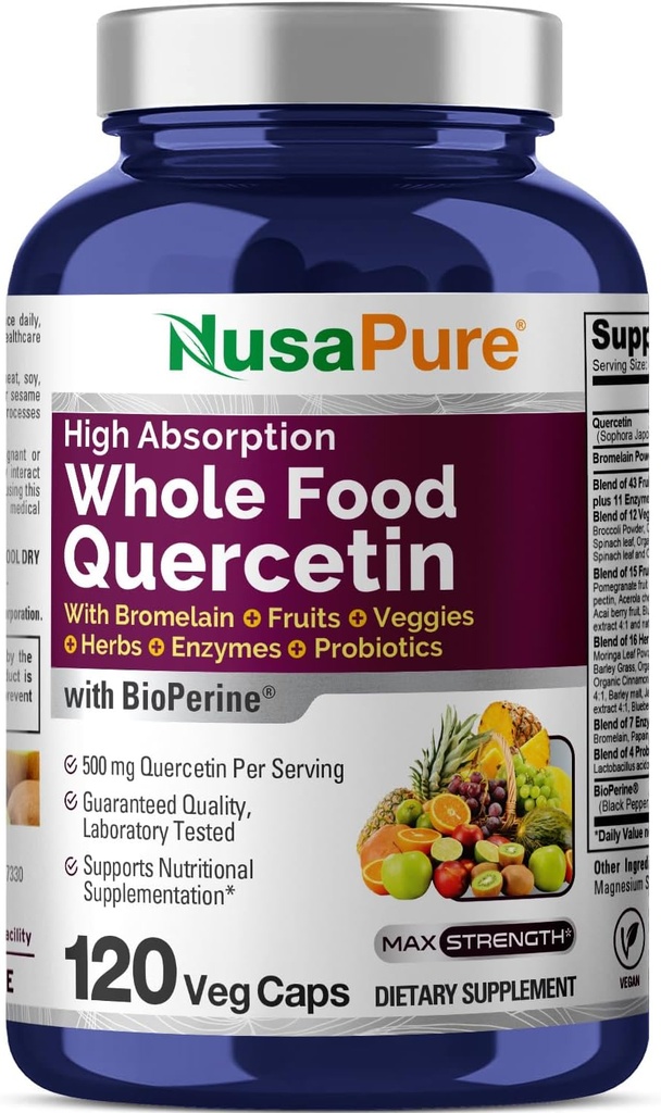 NusaPure Quercetina con Bromelain 500mg ←120 Veggie Caps  43 Fruit Veggie Grain Herbs Enzyme Probiotic Blend ← Non-GMO, Vegan, Bioperine