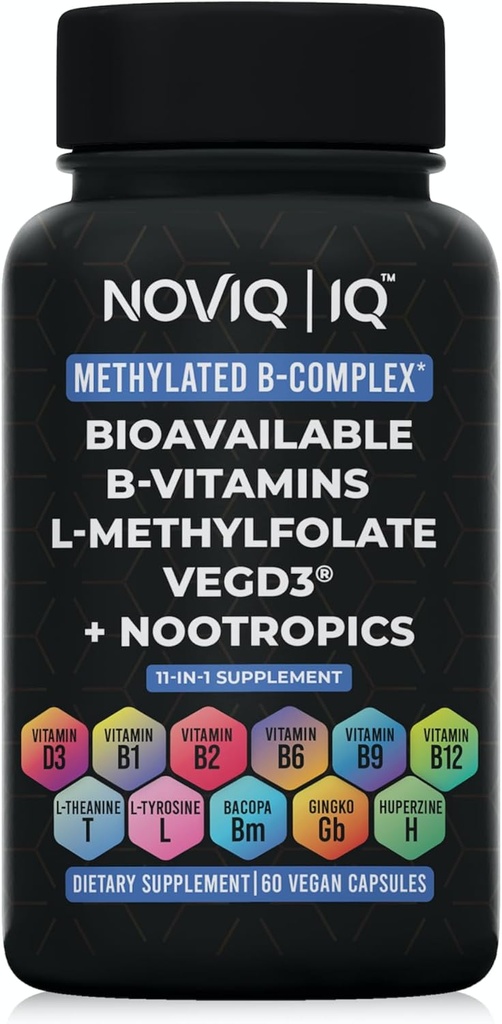 11-in-1 Metilada B-Complex Suplemento: 680mcg L-Methylfolate(5-MTHF) Thiamine(B1) Riboflavin(B2) Pyridoxal(B6) Methylcobalamin(B12) - VegD3® + Nootropics - 1,100mg+ Servir - 60 Cuenta