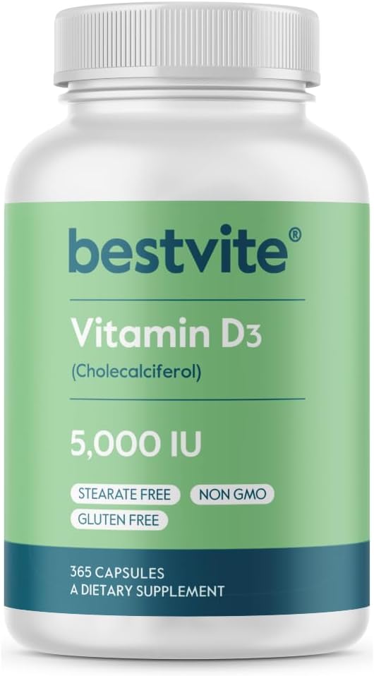 BestVITE Vitamina D3 5000 UI (365 cápsulas) - No Stearates - No GMO - Gluten Gratis - 1 año de suministro de vitamina D