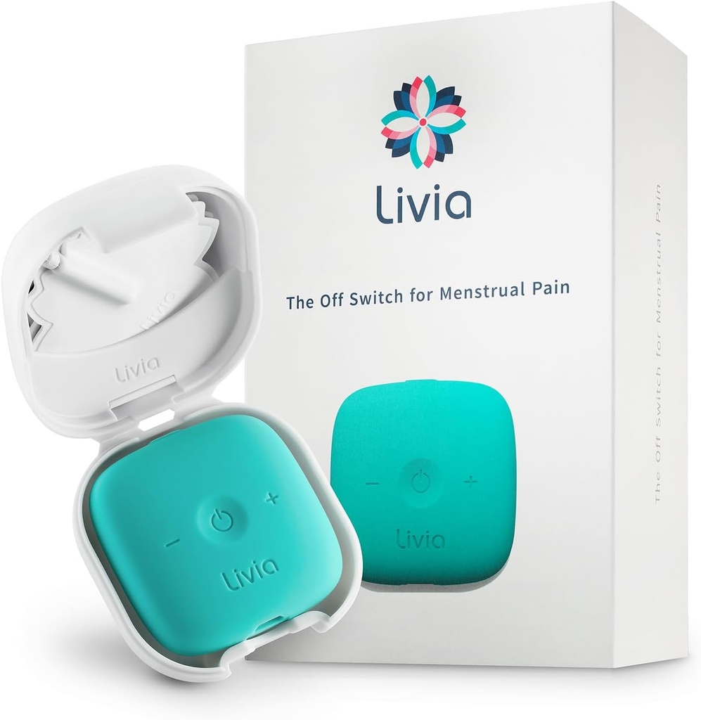 Dispositivo de Alivio de Dolor Menstrual Livia, Blue-Green – Off-Switch para el Dolor de Período – Recargable, hasta 12 Horas Batería – Kit Completo con Pads Stick-On – The Go-to Travel Partner