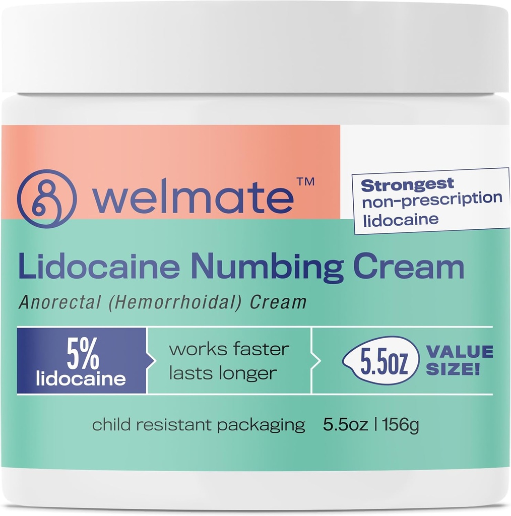 WELMATE 5% Lidocaine Hemorrhoid Relief Cream, Maximum Strength Anorectal Cream, 5,5 oz