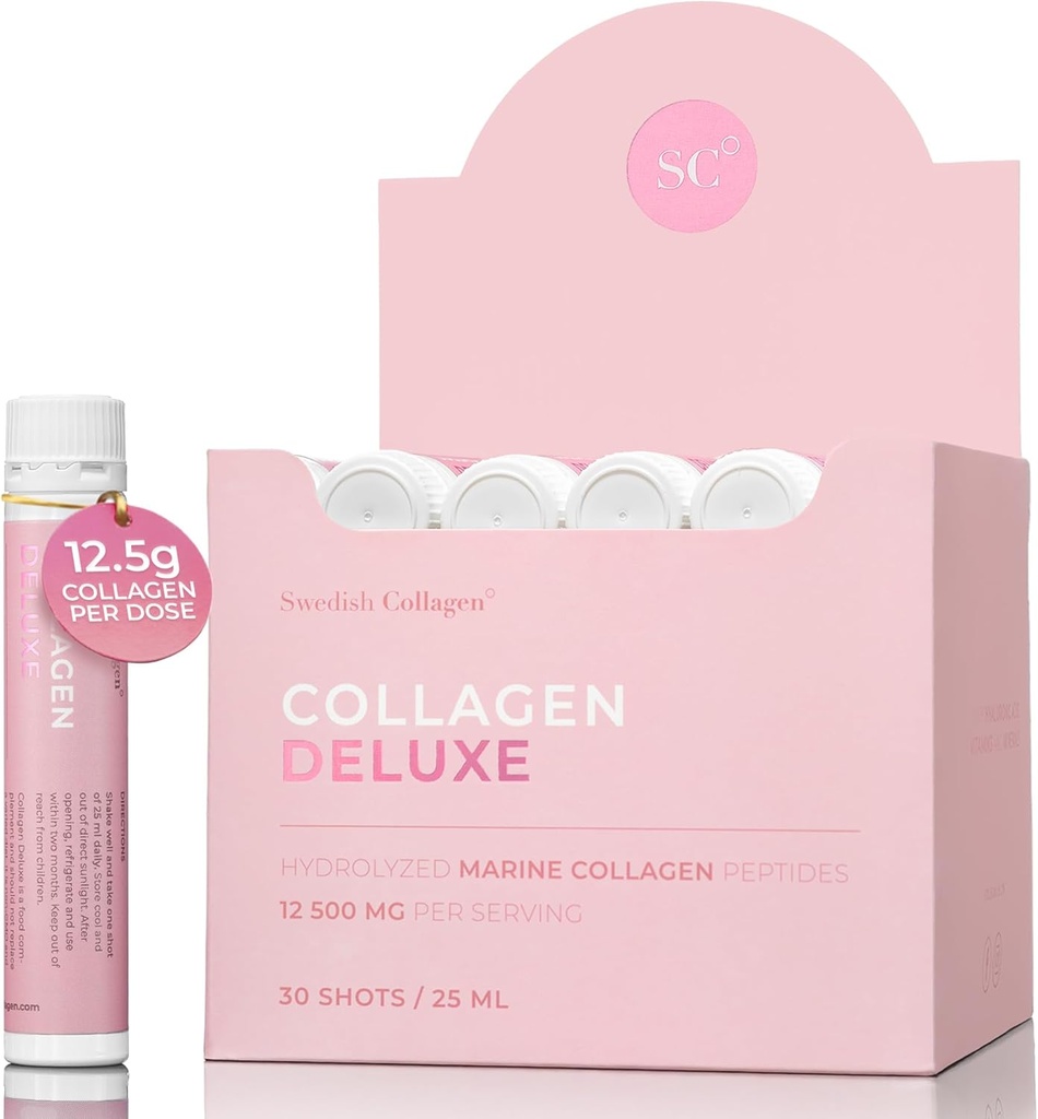 Sueco Collagen Deluxe ← 12,500 mg Hidrolyzed Marine Collagen Líquido Suplemento - 30 x 25 ml Zapatos diarios ← Ácido hialurónico, Biotina y vitamina C para apoyar el cabello saludable, la piel, los clavos