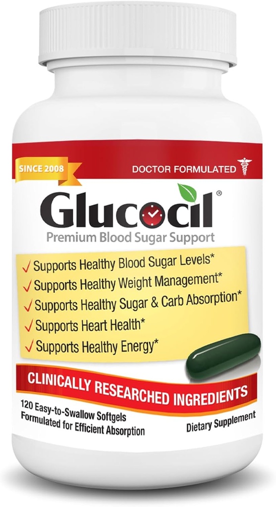 Glucocil – Softgels - Soporte de azúcar de sangre Premium - Más de 2 millones de botellas Vendida - Soportes Los 3 Esenciales para el Azúcar Sangre Saludable - Desde 2008, con la Hoja de Moro Berberina, Propietario y Más