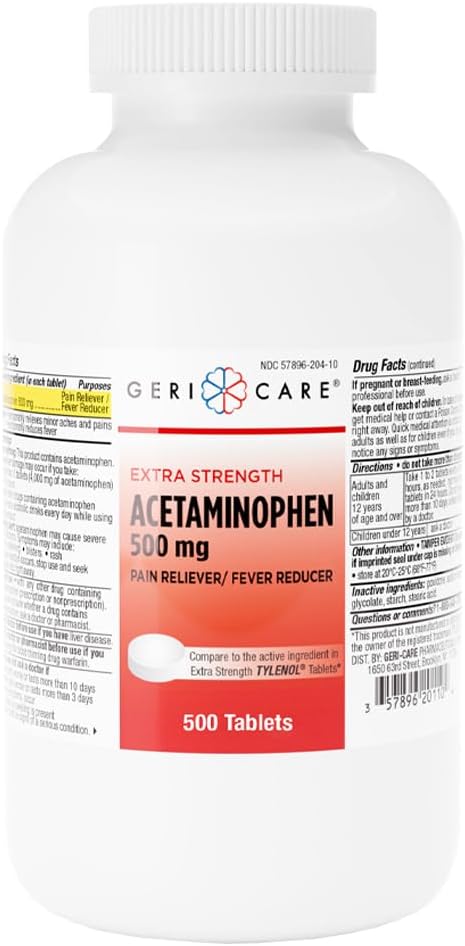 GeriCare Extra Strength Acetaminophen Pain Relief Fever Reducer Tablets, Strength 500mg Tablet | Joint, Muscle, Arthritis, Back Pain Relief, 500 Count (Pack of 1)