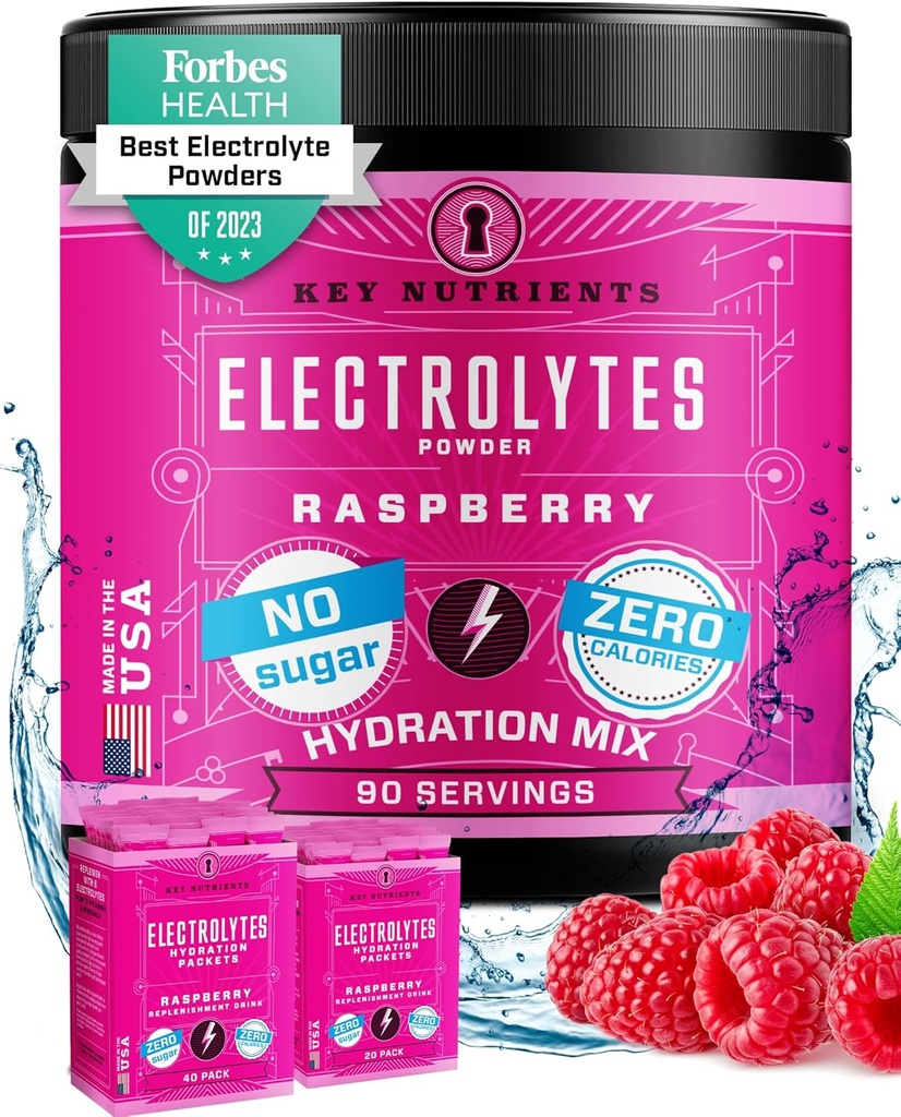 KEY NUTRIENTS Multivitamin Electrolytes Powder No Sugar - Juicy Raspberry Electrolyte Powder - Hidration Powder - Sin Calories, Gluten Free Keto Electrolytes Powder - 90 Servings - Made in USA