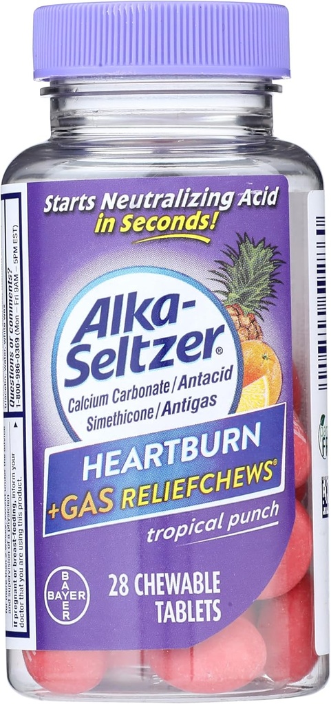 Alka-Seltzer Heartburn + Gas ReliefChews - Relief of Heartburn, Gas, Acid Indigestion, and Sour Stomach - Tropical Punch Flavors - 28 Condes