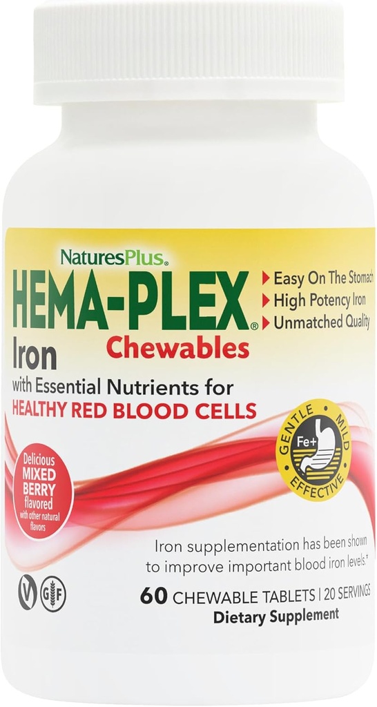 Naturalezas Más Hierro Hema-Plex - 60 Chewables de Berry mixtos - 85 mg Hierro Elemental - Sangre Total - con Vitamina C & Bioflavonoides - Vegan, Gluten Gratis - 20 Serviciones
