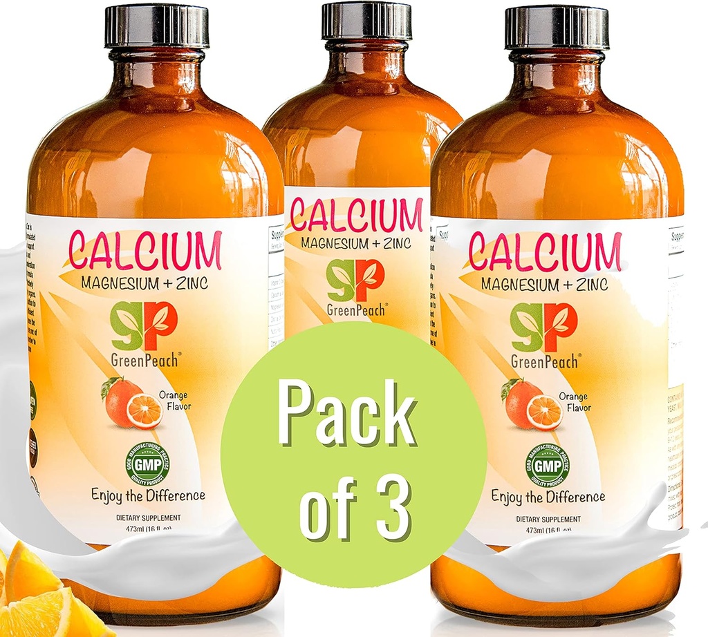 GreenPeach Liquid Calcium for Kids - Magnesium, D3 &amp; Zinc Supplement - Calcium Citrate &amp; Vitamin D3 Kids Calming Syrup - No Sugar No Artificial Flavors - Vegetarian Kosher (3-Pack)