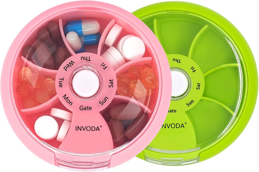 INVODA Organizador semanal de píldoras 7 Caja de Píldora rotativa para medicamentos diarios & vitaminas - Caja de Píldora de Viaje Portable Suplementos de aceite de pescado Vitaminas Organizador (Pink+Green)