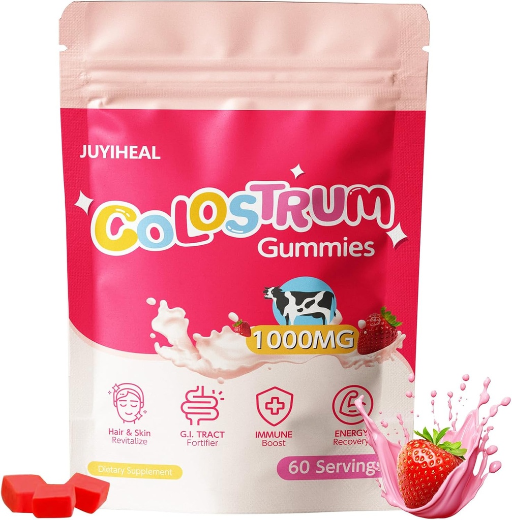 Colostrum Gummies, 1000 mg Grass Fed Colostrum Chews Colostrum Suplemento para Gut Health, Hair Growth, Beauty, and Immune Support, Strawberry Flavor 60 Servings