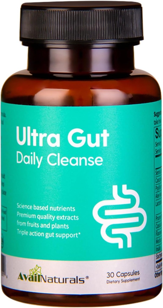 AvailNaturals Ultra Gut Daily Cleanse 15 Day Cleanse-with Senna Leaf Extract, Cassia Seed, 2.5 Billion Probiotics & Dietary Fiber,30 Capsules