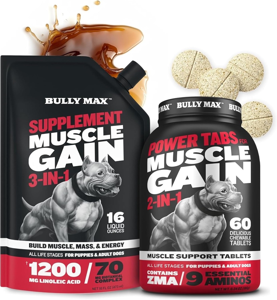 Bully Max 3-in-1 Liquid Dog Muscle Builder and Power Tabs (60 tabs) Bundle – High Protein Supplement & Chewable Multivitamins for Muscle Growth, Energy & Recovery in All Breeds, Puppies & Adult Dogs
